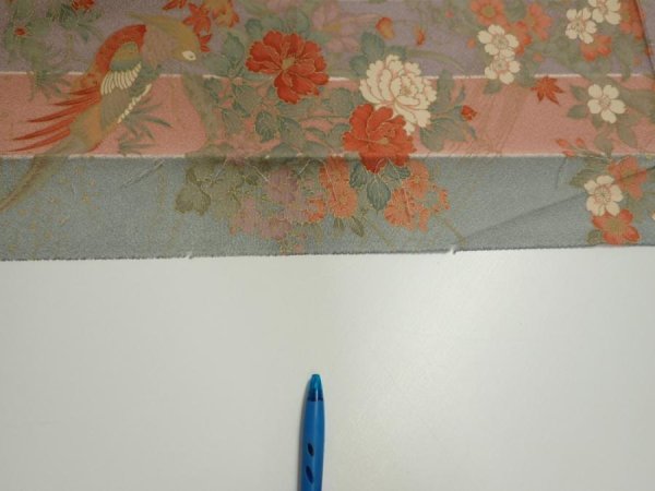 Photo6: 1F06z90  Japanese Kimono Silk  FABRIC Bird Dull light blue 63.0x14.8 (6)