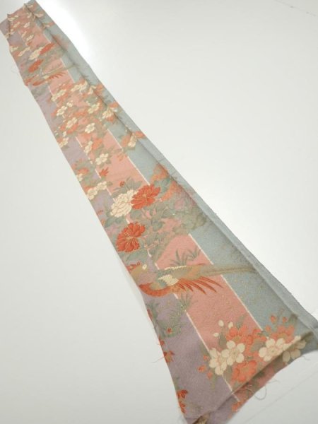 Photo5: 1F07z50  Japanese Kimono Silk  FABRIC Bird Dull light blue 58.7x7.3 (5)