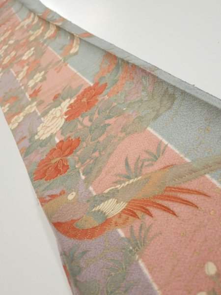 Photo1: 1F08z40  Japanese Kimono Silk  FABRIC Bird Dull light blue 59.1x7.3 (1)