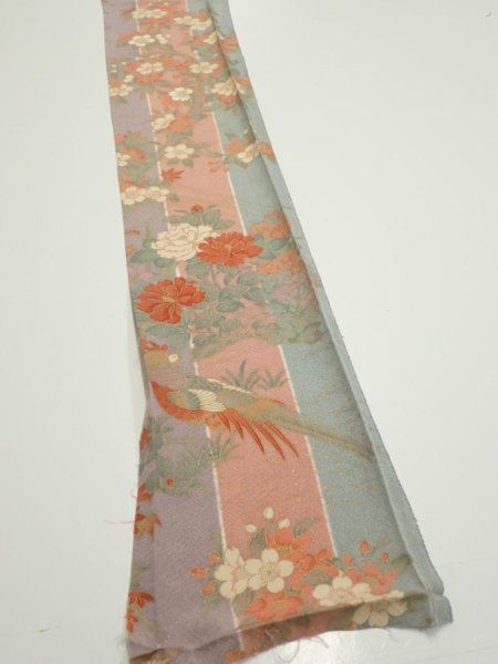 Photo2: 1F08z40  Japanese Kimono Silk  FABRIC Bird Dull light blue 59.1x7.3 (2)