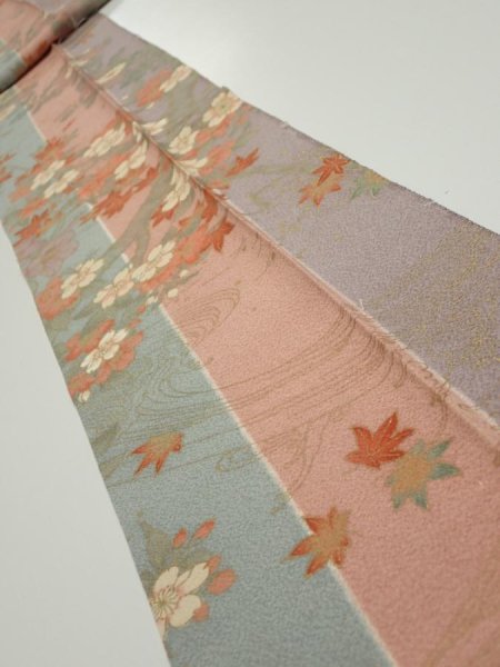 Photo1: 1F09z60  Japanese Kimono Silk  FABRIC Bird Dull light blue 76.4x7.3 (1)