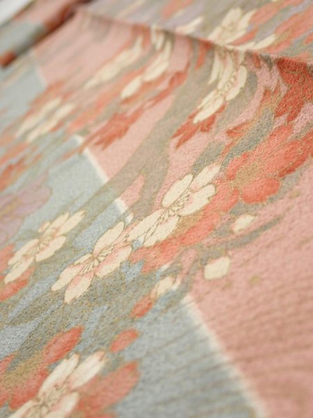 Photo4: 1F09z60  Japanese Kimono Silk  FABRIC Bird Dull light blue 76.4x7.3 (4)