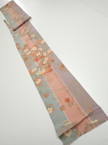 Photo5: 1F09z60  Japanese Kimono Silk  FABRIC Bird Dull light blue 76.4x7.3 (5)