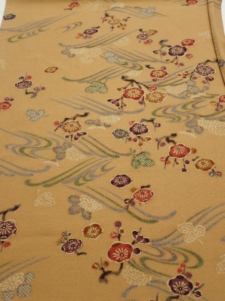Photo1: 1F01z60  Japanese Kimono Silk  FABRIC Plum blossom Ochre 41.7x14.8 (1)
