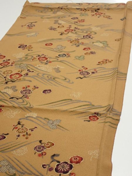Photo3: 1F01z60  Japanese Kimono Silk  FABRIC Plum blossom Ochre 41.7x14.8 (3)