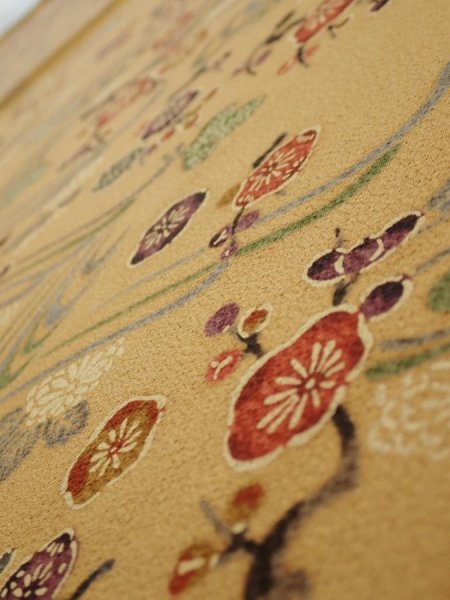 Photo4: 1F01z60  Japanese Kimono Silk  FABRIC Plum blossom Ochre 41.7x14.8 (4)