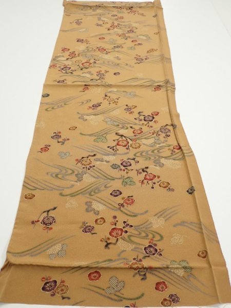 Photo5: 1F01z60  Japanese Kimono Silk  FABRIC Plum blossom Ochre 41.7x14.8 (5)