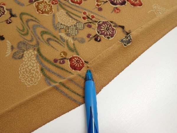 Photo6: 1F01z60  Japanese Kimono Silk  FABRIC Plum blossom Ochre 41.7x14.8 (6)