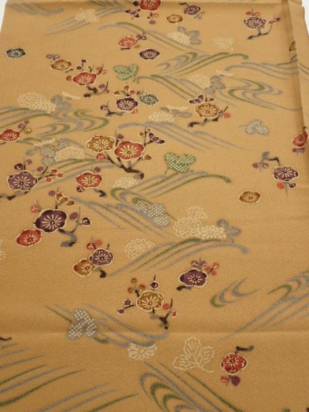 Photo1: 1F02z50  Japanese Kimono Silk  FABRIC Plum blossom Ochre 42.1x14.8 (1)