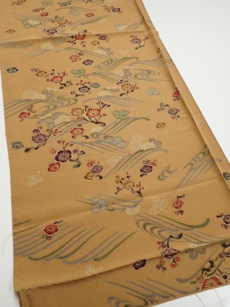 Photo2: 1F02z50  Japanese Kimono Silk  FABRIC Plum blossom Ochre 42.1x14.8 (2)