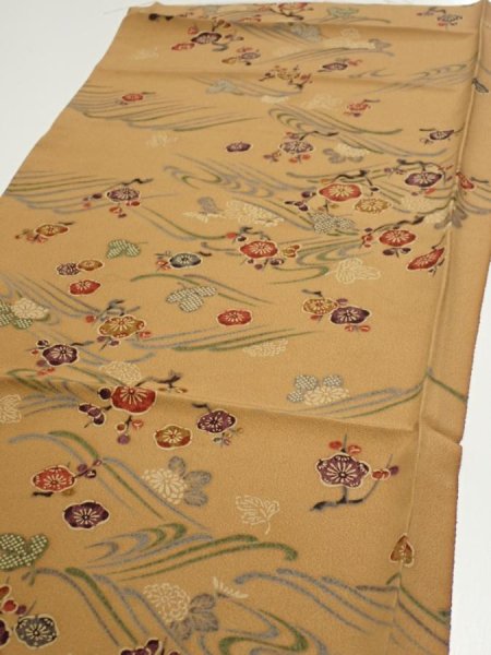 Photo3: 1F02z50  Japanese Kimono Silk  FABRIC Plum blossom Ochre 42.1x14.8 (3)
