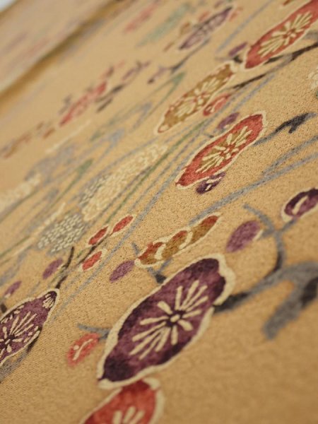Photo4: 1F02z50  Japanese Kimono Silk  FABRIC Plum blossom Ochre 42.1x14.8 (4)
