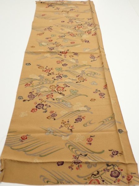 Photo5: 1F02z50  Japanese Kimono Silk  FABRIC Plum blossom Ochre 42.1x14.8 (5)