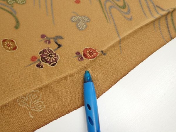 Photo6: 1F02z50  Japanese Kimono Silk  FABRIC Plum blossom Ochre 42.1x14.8 (6)