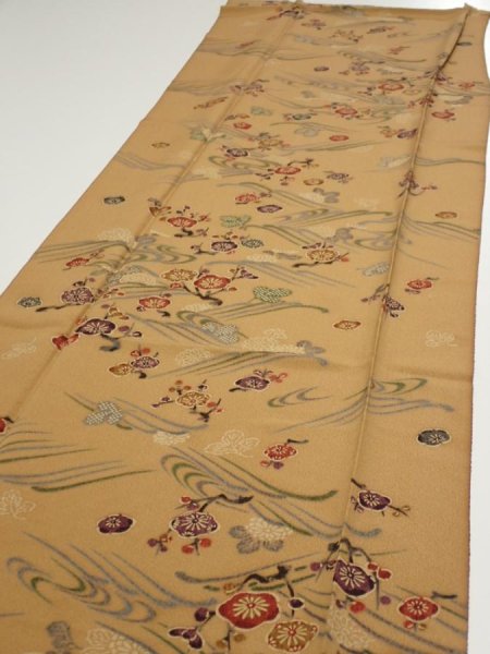 Photo3: 1F03z80  Japanese Kimono Silk  FABRIC Plum blossom Ochre 63.8x14.8 (3)