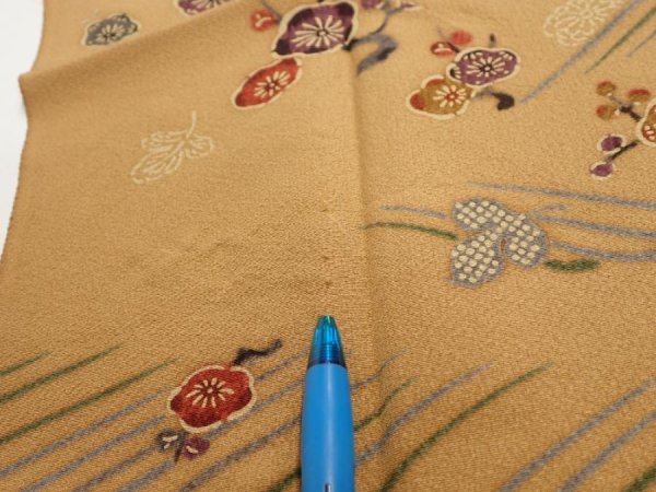 Photo6: 1F03z80  Japanese Kimono Silk  FABRIC Plum blossom Ochre 63.8x14.8 (6)