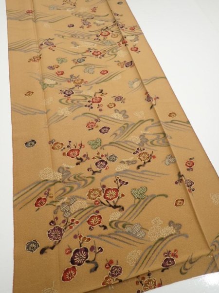 Photo2: 1F04z80  Japanese Kimono Silk  FABRIC Plum blossom Ochre 64.2x14.8 (2)