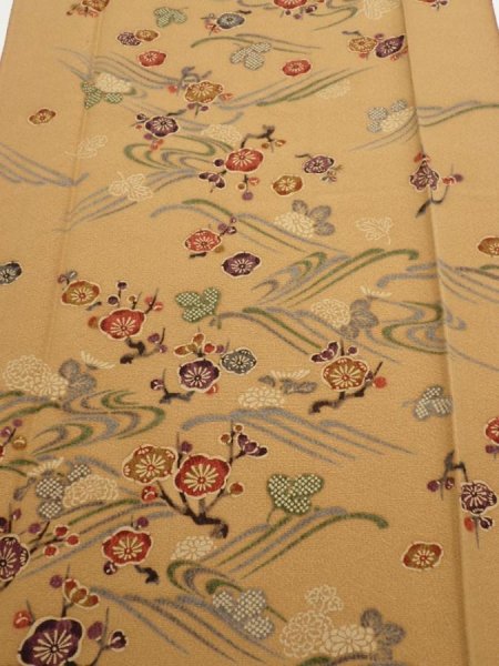 Photo1: 1F05z80  Japanese Kimono Silk  FABRIC Plum blossom Ochre 63.8x14.8 (1)