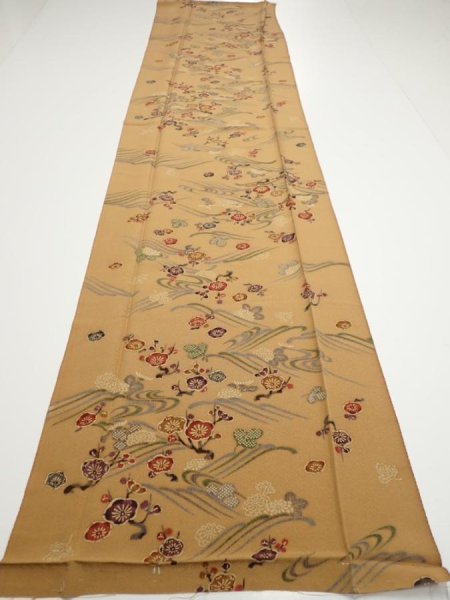 Photo5: 1F06z80  Japanese Kimono Silk  FABRIC Plum blossom Ochre 63.4x14.8 (5)