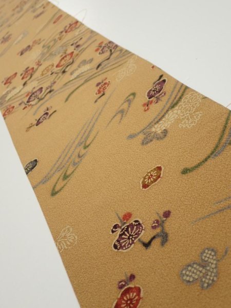 Photo1: 1F08z40  Japanese Kimono Silk  FABRIC Plum blossom Ochre 58.3x7.3 (1)