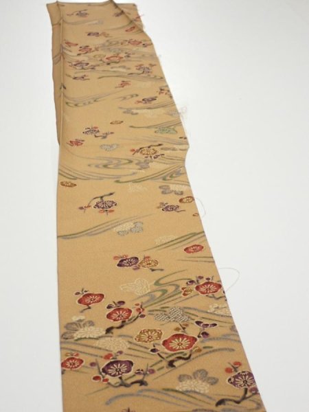 Photo3: 1F08z40  Japanese Kimono Silk  FABRIC Plum blossom Ochre 58.3x7.3 (3)