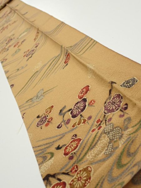 Photo1: 1F09z50  Japanese Kimono Silk  FABRIC Plum blossom Ochre 82.7x7.3 (1)