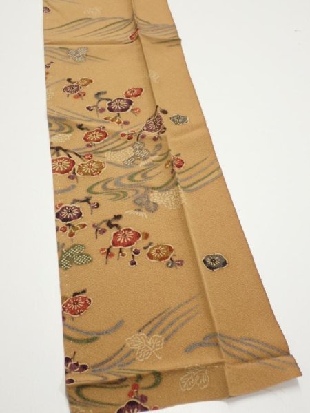 Photo3: 1F10z20  Japanese Kimono Silk  FABRIC Plum blossom Ochre 33.9x7.3 (3)