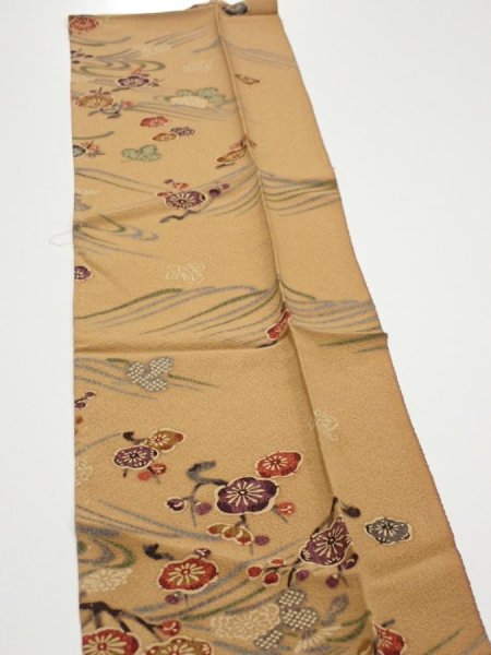 Photo4: 1F10z20  Japanese Kimono Silk  FABRIC Plum blossom Ochre 33.9x7.3 (4)