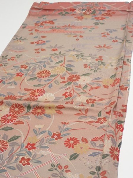 Photo3: 1F02z60  Japanese Kimono Silk  FABRIC Flowers Brown-Gray 44.9x14.4 (3)