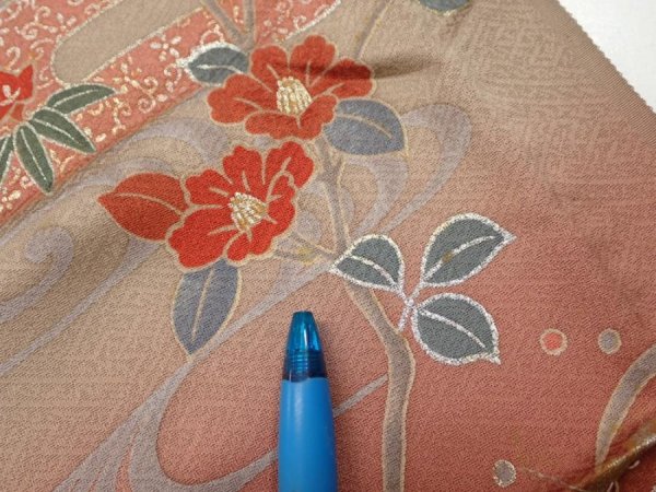 Photo8: 1F02z60  Japanese Kimono Silk  FABRIC Flowers Brown-Gray 44.9x14.4 (8)