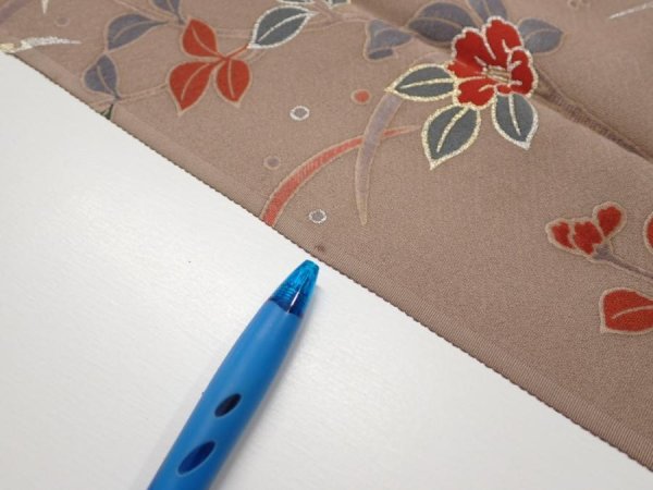 Photo8: 1F03z90  Japanese Kimono Silk  FABRIC Flowers Brown-Gray 67.7x14.4 (8)