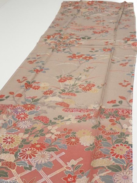 Photo3: 1F04z90  Japanese Kimono Silk  FABRIC Flowers Brown-Gray 68.1x14.4 (3)