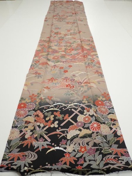 Photo5: 1F05z90  Japanese Kimono Silk  FABRIC Flowers Brown-Gray 68.5x14.4 (5)
