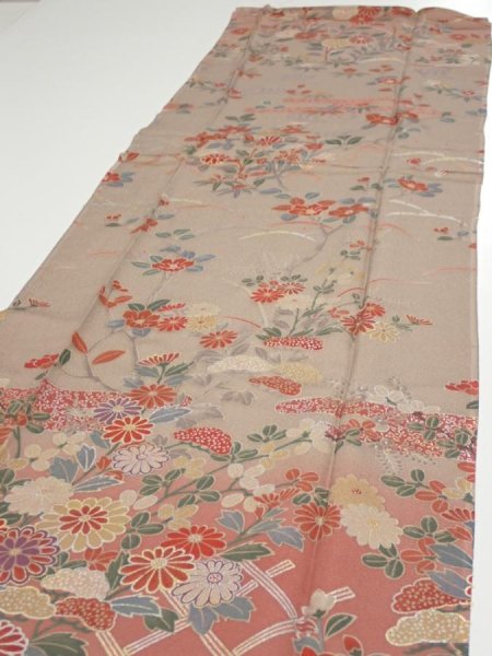 Photo3: 1F06z90  Japanese Kimono Silk  FABRIC Flowers Brown-Gray 68.9x14.4 (3)