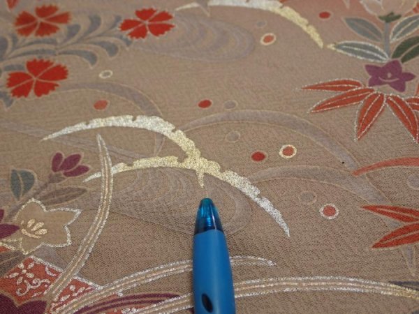 Photo6: 1F06z90  Japanese Kimono Silk  FABRIC Flowers Brown-Gray 68.9x14.4 (6)