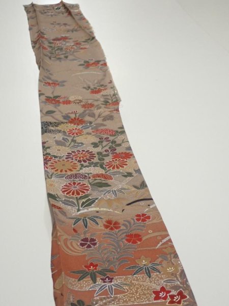Photo3: 1F07z50  Japanese Kimono Silk  FABRIC Flowers Brown-Gray 63.8x7.1 (3)