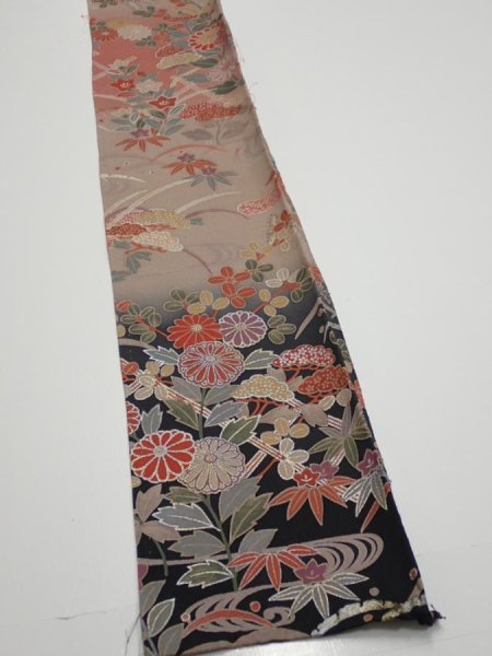 Photo2: 1F08z50  Japanese Kimono Silk  FABRIC Flowers Brown-Gray 63.8x7.3 (2)