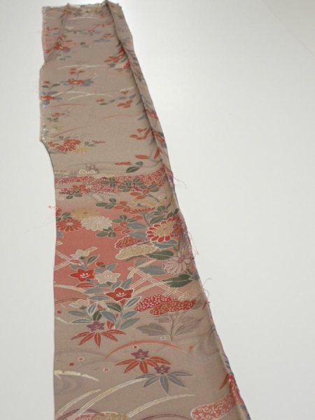Photo3: 1F08z50  Japanese Kimono Silk  FABRIC Flowers Brown-Gray 63.8x7.3 (3)