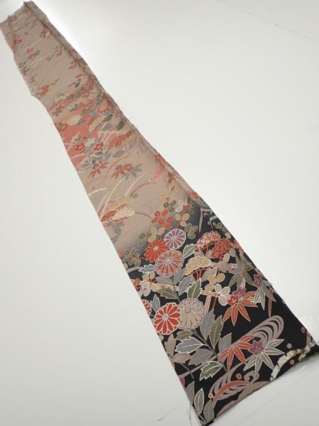 Photo5: 1F08z50  Japanese Kimono Silk  FABRIC Flowers Brown-Gray 63.8x7.3 (5)