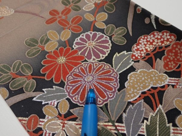 Photo6: 1F08z50  Japanese Kimono Silk  FABRIC Flowers Brown-Gray 63.8x7.3 (6)
