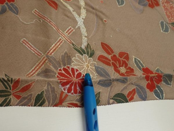 Photo8: 1F08z50  Japanese Kimono Silk  FABRIC Flowers Brown-Gray 63.8x7.3 (8)