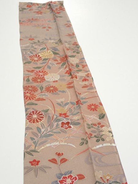 Photo4: 1F10z30  Japanese Kimono Silk  FABRIC Flowers Brown-Gray 40.9x7.1 (4)