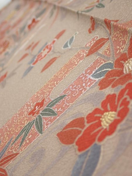 Photo5: 1F10z30  Japanese Kimono Silk  FABRIC Flowers Brown-Gray 40.9x7.1 (5)