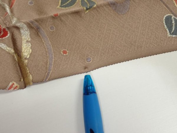 Photo8: 1F10z30  Japanese Kimono Silk  FABRIC Flowers Brown-Gray 40.9x7.1 (8)