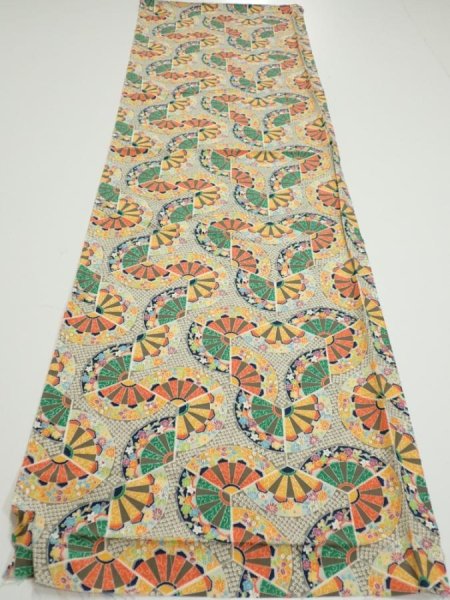 Photo5: 1F02z70  Japanese Kimono Silk  FABRIC Genjiguruma Olive-Gray 46.9x14.4 (5)