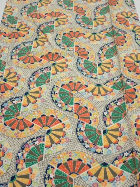 Photo1: 1F04z90  Japanese Kimono Silk  FABRIC Genjiguruma Olive-Gray 62.2x14.4 (1)