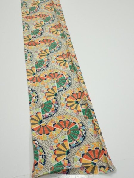 Photo2: 1F07z50  Japanese Kimono Silk  FABRIC Genjiguruma Olive-Gray 57.5x7.3 (2)