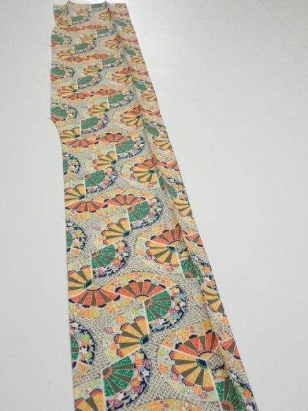 Photo3: 1F07z50  Japanese Kimono Silk  FABRIC Genjiguruma Olive-Gray 57.5x7.3 (3)