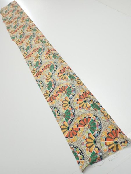 Photo5: 1F07z50  Japanese Kimono Silk  FABRIC Genjiguruma Olive-Gray 57.5x7.3 (5)