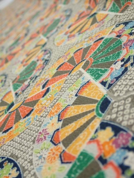 Photo4: 1F08z40  Japanese Kimono Silk  FABRIC Genjiguruma Olive-Gray 57.5x7.3 (4)